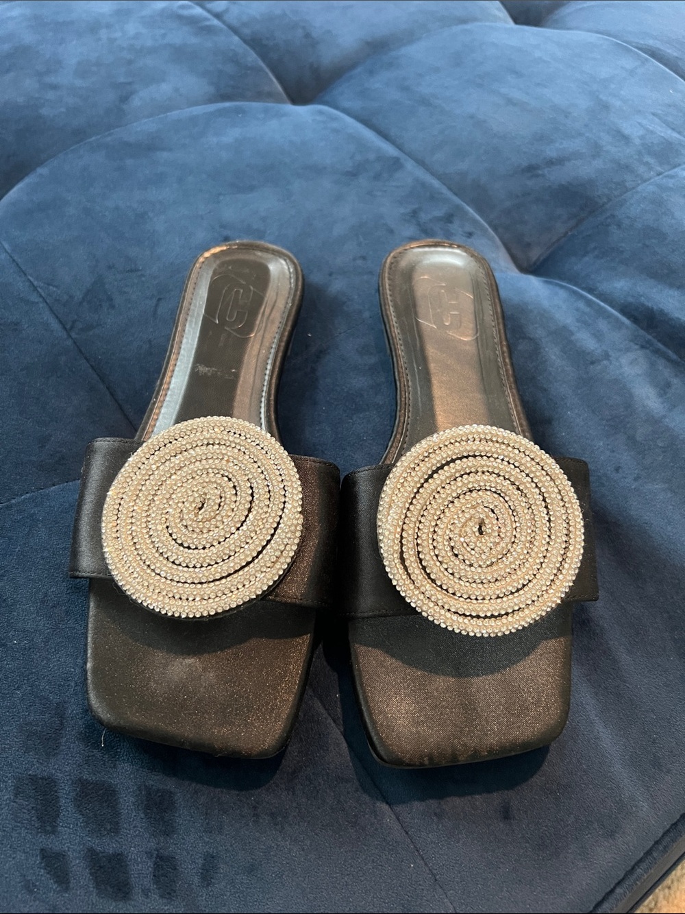 Black Slide Sandals with Circular Crystal Accent